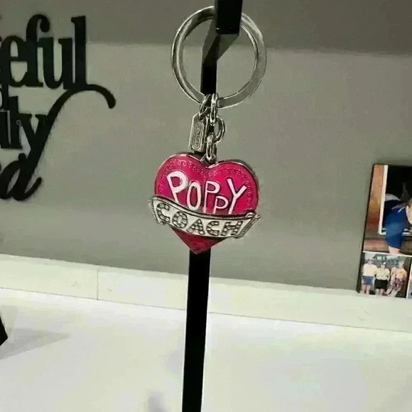 COACH Pink Poppy Heart with Ribbon Sign keyfob NEW without tags - Picture 1 of 3
